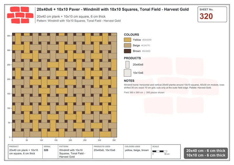 Interlock (Pasco) 20x40 cm · RC24-320 · Windmill with 10x10 Squares, Tonal Field - Harvest Gold · Laying plan Interlock (Pasco) 20x40 cm · RC24-320 · Windmill with 10x10 Squares, Tonal Field - Harvest Gold · Laying plan