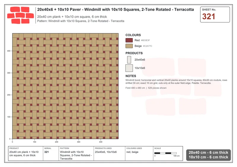 Interlock (Pasco) 20x40 cm · RC24-321 · Windmill with 10x10 Squares, 2-Tone Rotated - Terracotta · Laying plan Interlock (Pasco) 20x40 cm · RC24-321 · Windmill with 10x10 Squares, 2-Tone Rotated - Terracotta · Laying plan