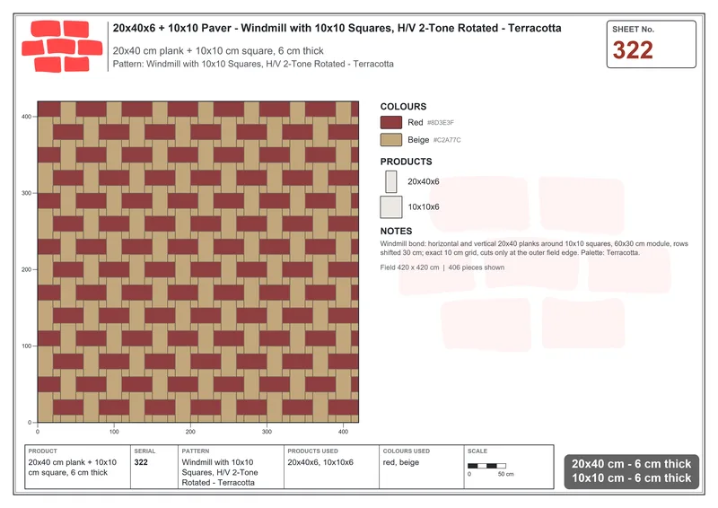 Interlock (Pasco) 20x40 cm · RC24-322 · Windmill with 10x10 Squares, H/V 2-Tone Rotated - Terracotta · Laying plan Interlock (Pasco) 20x40 cm · RC24-322 · Windmill with 10x10 Squares, H/V 2-Tone Rotated - Terracotta · Laying plan
