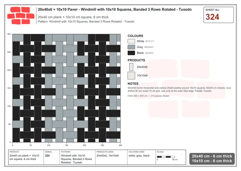 Interlock (Pasco) 20x40 cm · RC24-324 · Windmill with 10x10 Squares, Banded 3 Rows Rotated - Tuxedo · Laying plan Interlock (Pasco) 20x40 cm · RC24-324 · Windmill with 10x10 Squares, Banded 3 Rows Rotated - Tuxedo · Laying plan