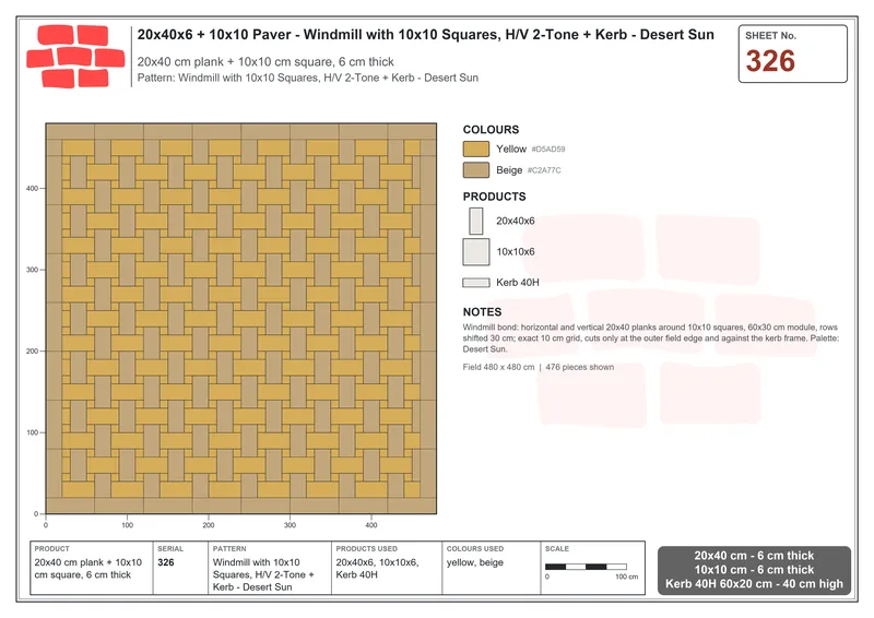 Interlock (Pasco) 20x40 cm · RC24-326 · Windmill with 10x10 Squares, H/V 2-Tone + Kerb - Desert Sun · Laying plan Interlock (Pasco) 20x40 cm · RC24-326 · Windmill with 10x10 Squares, H/V 2-Tone + Kerb - Desert Sun · Laying plan