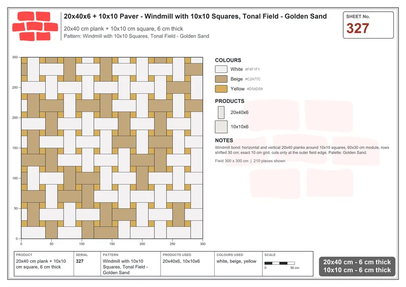 Interlock (Pasco) 20x40 cm · RC24-327 · Windmill with 10x10 Squares, Tonal Field - Golden Sand · Laying plan Interlock (Pasco) 20x40 cm · RC24-327 · Windmill with 10x10 Squares, Tonal Field - Golden Sand · Laying plan