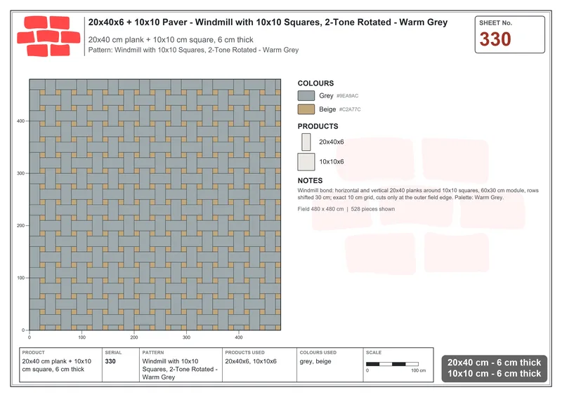 Interlock (Pasco) 20x40 cm · RC24-330 · Windmill with 10x10 Squares, 2-Tone Rotated - Warm Grey · Laying plan Interlock (Pasco) 20x40 cm · RC24-330 · Windmill with 10x10 Squares, 2-Tone Rotated - Warm Grey · Laying plan