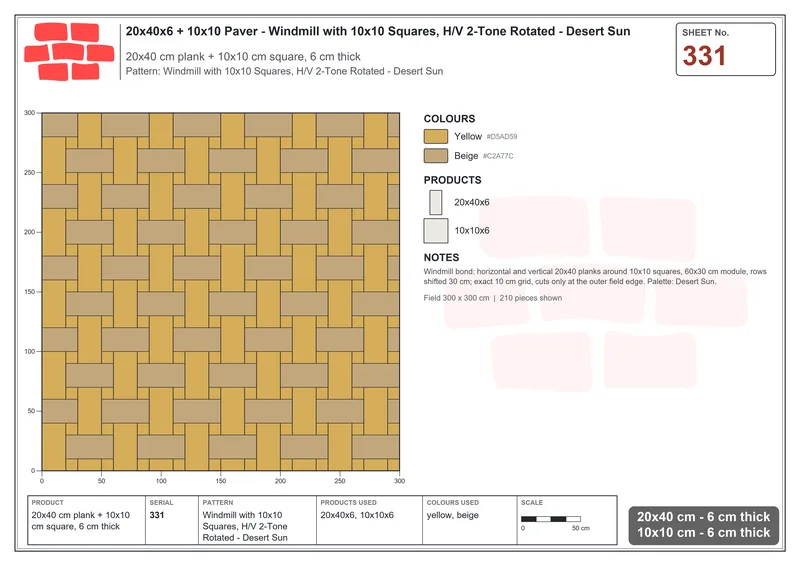 Interlock (Pasco) 20x40 cm · RC24-331 · Windmill with 10x10 Squares, H/V 2-Tone Rotated - Desert Sun · Laying plan Interlock (Pasco) 20x40 cm · RC24-331 · Windmill with 10x10 Squares, H/V 2-Tone Rotated - Desert Sun · Laying plan