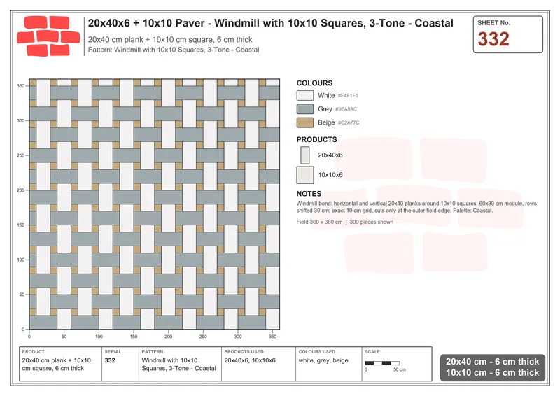 Interlock (Pasco) 20x40 cm · RC24-332 · Windmill with 10x10 Squares, 3-Tone - Coastal · Laying plan Interlock (Pasco) 20x40 cm · RC24-332 · Windmill with 10x10 Squares, 3-Tone - Coastal · Laying plan