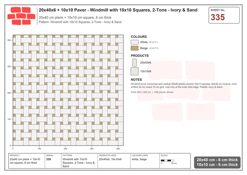 Interlock (Pasco) 20x40 cm · RC24-335 · Windmill with 10x10 Squares, 2-Tone - Ivory & Sand · Laying plan Interlock (Pasco) 20x40 cm · RC24-335 · Windmill with 10x10 Squares, 2-Tone - Ivory & Sand · Laying plan