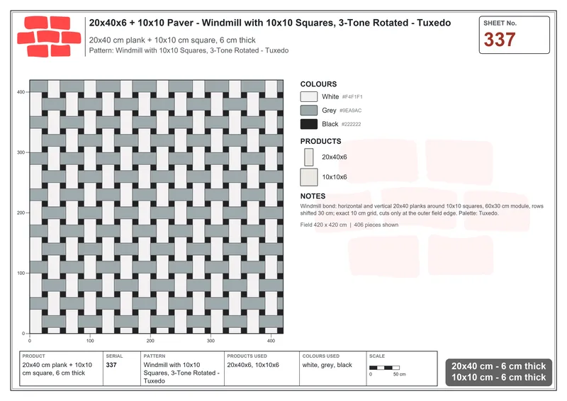 Interlock (Pasco) 20x40 cm · RC24-337 · Windmill with 10x10 Squares, 3-Tone Rotated - Tuxedo · Laying plan Interlock (Pasco) 20x40 cm · RC24-337 · Windmill with 10x10 Squares, 3-Tone Rotated - Tuxedo · Laying plan