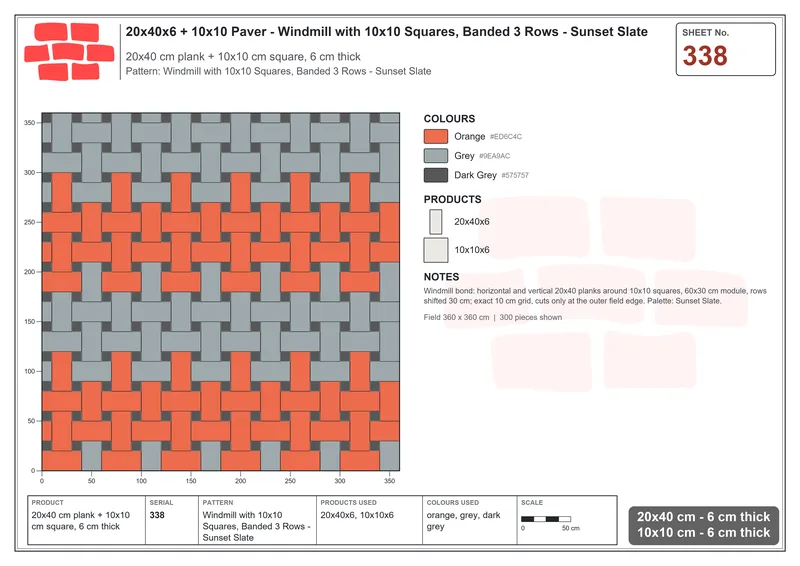 Interlock (Pasco) 20x40 cm · RC24-338 · Windmill with 10x10 Squares, Banded 3 Rows - Sunset Slate · Laying plan Interlock (Pasco) 20x40 cm · RC24-338 · Windmill with 10x10 Squares, Banded 3 Rows - Sunset Slate · Laying plan