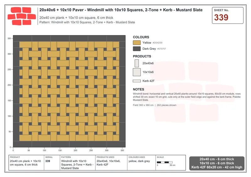 Interlock (Pasco) 20x40 cm · RC24-339 · Windmill with 10x10 Squares, 2-Tone + Kerb - Mustard Slate · Laying plan Interlock (Pasco) 20x40 cm · RC24-339 · Windmill with 10x10 Squares, 2-Tone + Kerb - Mustard Slate · Laying plan
