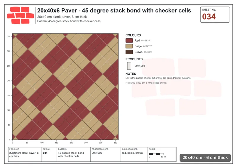 Interlock (Pasco) 20x40 cm · RC24-34 · 45 degree stack bond with checker cells · Laying plan Interlock (Pasco) 20x40 cm · RC24-34 · 45 degree stack bond with checker cells · Laying plan