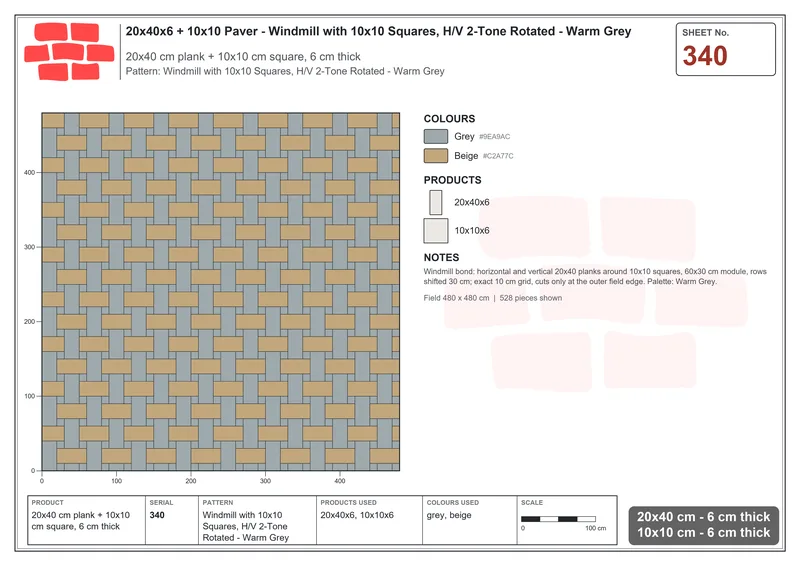 Interlock (Pasco) 20x40 cm · RC24-340 · Windmill with 10x10 Squares, H/V 2-Tone Rotated - Warm Grey · Laying plan Interlock (Pasco) 20x40 cm · RC24-340 · Windmill with 10x10 Squares, H/V 2-Tone Rotated - Warm Grey · Laying plan