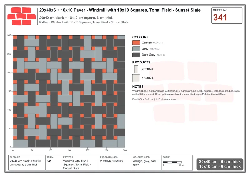 Interlock (Pasco) 20x40 cm · RC24-341 · Windmill with 10x10 Squares, Tonal Field - Sunset Slate · Laying plan Interlock (Pasco) 20x40 cm · RC24-341 · Windmill with 10x10 Squares, Tonal Field - Sunset Slate · Laying plan