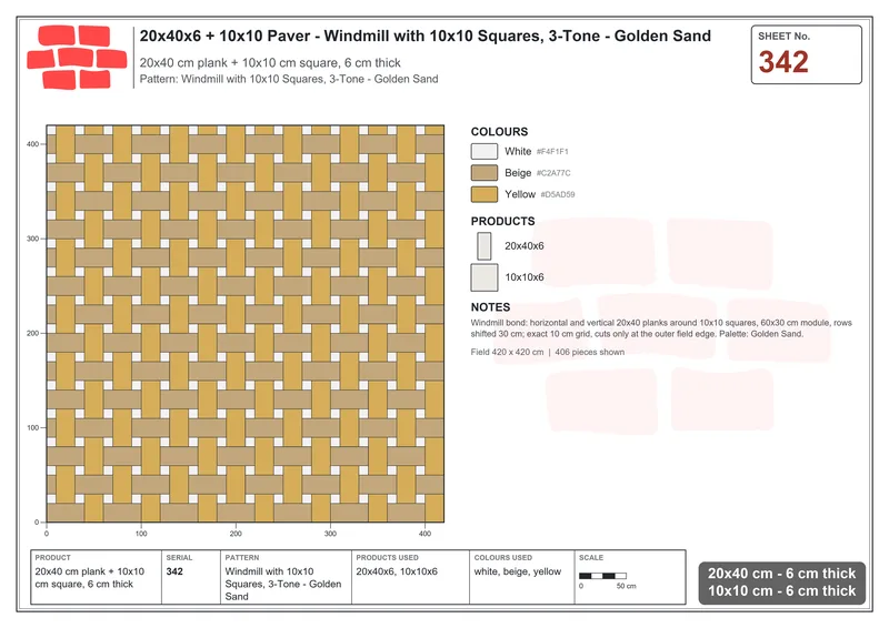 Interlock (Pasco) 20x40 cm · RC24-342 · Windmill with 10x10 Squares, 3-Tone - Golden Sand · Laying plan Interlock (Pasco) 20x40 cm · RC24-342 · Windmill with 10x10 Squares, 3-Tone - Golden Sand · Laying plan