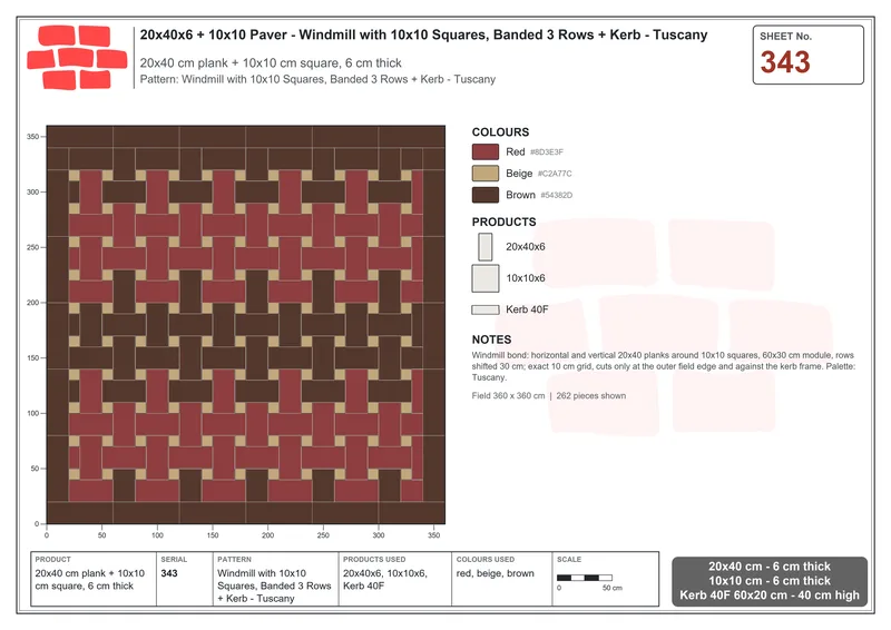Interlock (Pasco) 20x40 cm · RC24-343 · Windmill with 10x10 Squares, Banded 3 Rows + Kerb - Tuscany · Laying plan Interlock (Pasco) 20x40 cm · RC24-343 · Windmill with 10x10 Squares, Banded 3 Rows + Kerb - Tuscany · Laying plan