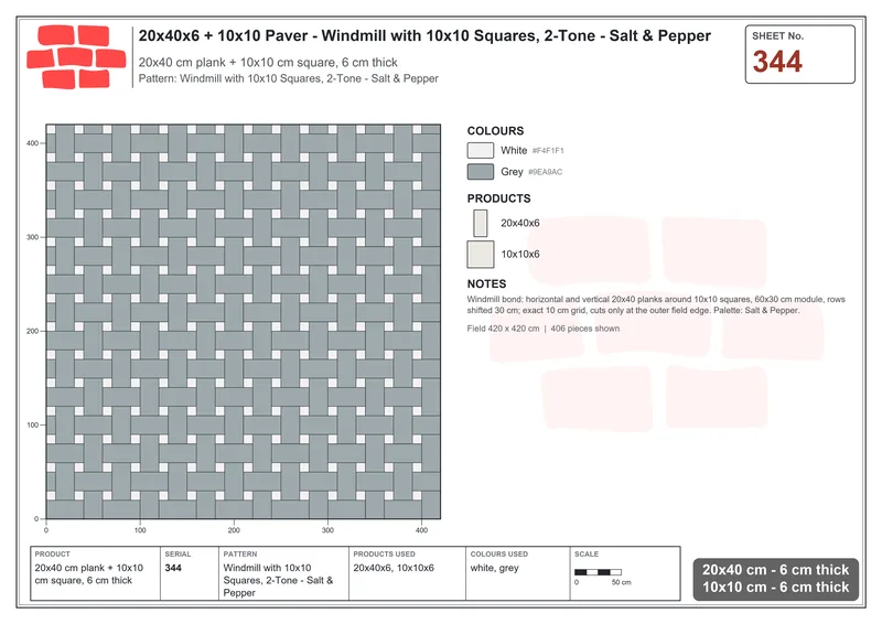 Interlock (Pasco) 20x40 cm · RC24-344 · Windmill with 10x10 Squares, 2-Tone - Salt & Pepper · Laying plan Interlock (Pasco) 20x40 cm · RC24-344 · Windmill with 10x10 Squares, 2-Tone - Salt & Pepper · Laying plan