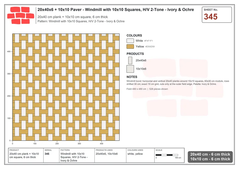 Interlock (Pasco) 20x40 cm · RC24-345 · Windmill with 10x10 Squares, H/V 2-Tone - Ivory & Ochre · Laying plan Interlock (Pasco) 20x40 cm · RC24-345 · Windmill with 10x10 Squares, H/V 2-Tone - Ivory & Ochre · Laying plan