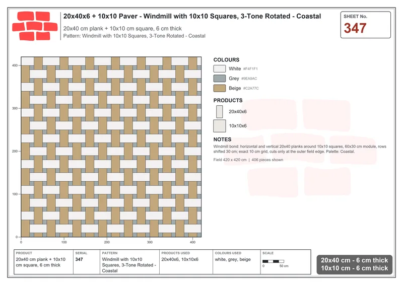 Interlock (Pasco) 20x40 cm · RC24-347 · Windmill with 10x10 Squares, 3-Tone Rotated - Coastal · Laying plan Interlock (Pasco) 20x40 cm · RC24-347 · Windmill with 10x10 Squares, 3-Tone Rotated - Coastal · Laying plan