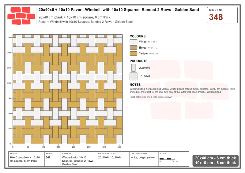 Interlock (Pasco) 20x40 cm · RC24-348 · Windmill with 10x10 Squares, Banded 2 Rows - Golden Sand · Laying plan Interlock (Pasco) 20x40 cm · RC24-348 · Windmill with 10x10 Squares, Banded 2 Rows - Golden Sand · Laying plan