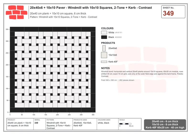 Interlock (Pasco) 20x40 cm · RC24-349 · Windmill with 10x10 Squares, 2-Tone + Kerb - Contrast · Laying plan Interlock (Pasco) 20x40 cm · RC24-349 · Windmill with 10x10 Squares, 2-Tone + Kerb - Contrast · Laying plan