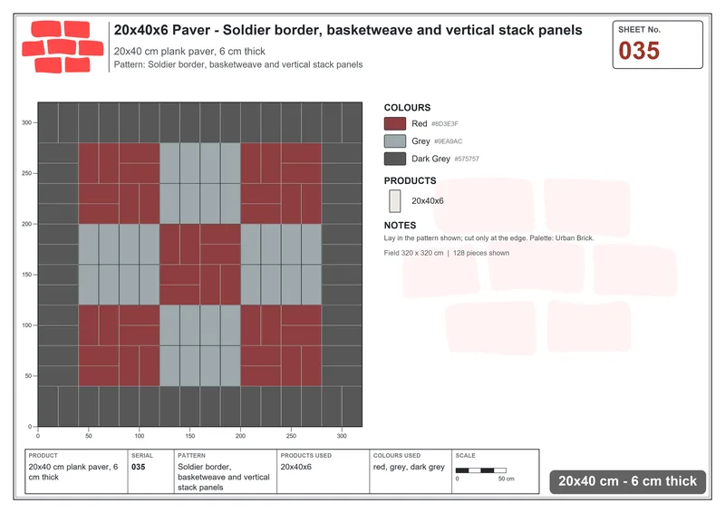 Interlock (Pasco) 20x40 cm · RC24-35 · Soldier border, basketweave and vertical stack panels · Laying plan Interlock (Pasco) 20x40 cm · RC24-35 · Soldier border, basketweave and vertical stack panels · Laying plan