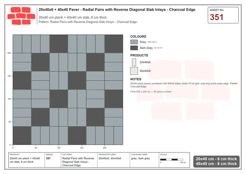 Interlock (Pasco) 20x40 cm · RC24-351 · Radial Pairs with Reverse Diagonal Slab Inlays - Charcoal Edge · Laying plan Interlock (Pasco) 20x40 cm · RC24-351 · Radial Pairs with Reverse Diagonal Slab Inlays - Charcoal Edge · Laying plan