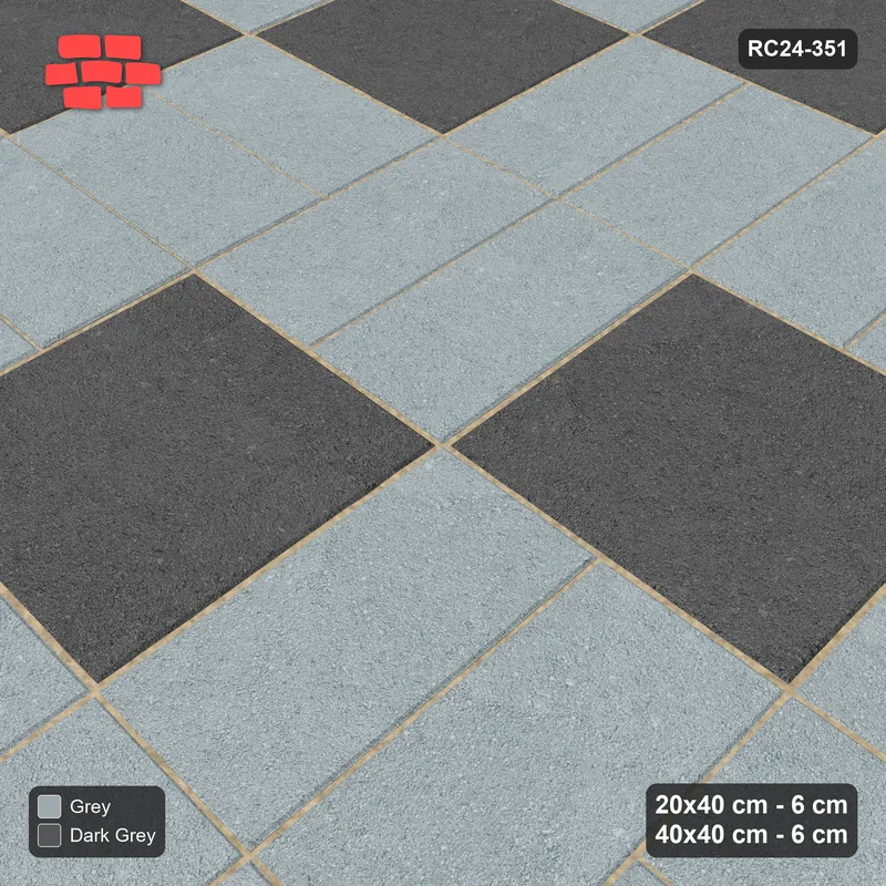 Interlock (Pasco) 20x40 cm · RC24-351 · Radial Pairs with Reverse Diagonal Slab Inlays - Charcoal Edge · Side view Interlock (Pasco) 20x40 cm · RC24-351 · Radial Pairs with Reverse Diagonal Slab Inlays - Charcoal Edge · Side view