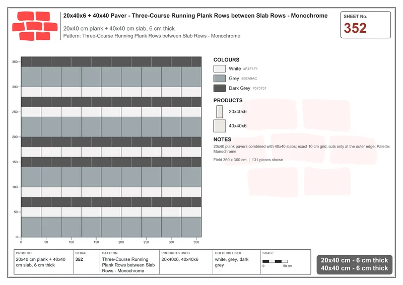 Interlock (Pasco) 20x40 cm · RC24-352 · Three-Course Running Plank Rows between Slab Rows - Monochrome · Laying plan Interlock (Pasco) 20x40 cm · RC24-352 · Three-Course Running Plank Rows between Slab Rows - Monochrome · Laying plan