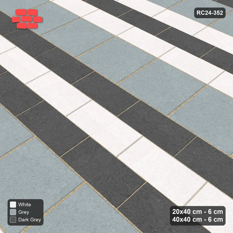 Interlock (Pasco) 20x40 cm · RC24-352 · Three-Course Running Plank Rows between Slab Rows - Monochrome · Side view Interlock (Pasco) 20x40 cm · RC24-352 · Three-Course Running Plank Rows between Slab Rows - Monochrome · Side view
