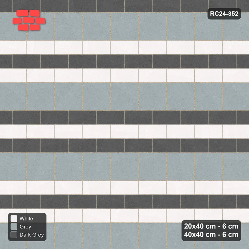 Interlock (Pasco) 20x40 cm · RC24-352 · Three-Course Running Plank Rows between Slab Rows - Monochrome · Top view Interlock (Pasco) 20x40 cm · RC24-352 · Three-Course Running Plank Rows between Slab Rows - Monochrome · Top view