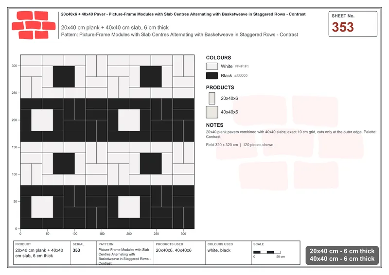 Interlock (Pasco) 20x40 cm · RC24-353 · Picture-Frame Modules with Slab Centres Alternating with Basketweave in Staggered Rows - Contrast · Laying plan Interlock (Pasco) 20x40 cm · RC24-353 · Picture-Frame Modules with Slab Centres Alternating with Basketweave in Staggered Rows - Contrast · Laying plan