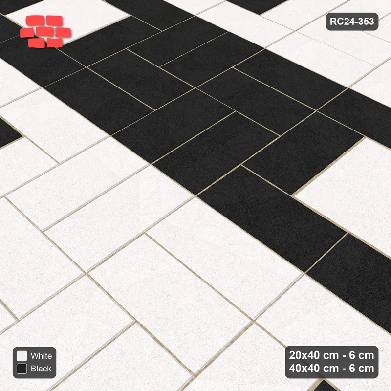 Interlock (Pasco) 20x40 cm · RC24-353 · Picture-Frame Modules with Slab Centres Alternating with Basketweave in Staggered Rows - Contrast · Side view Interlock (Pasco) 20x40 cm · RC24-353 · Picture-Frame Modules with Slab Centres Alternating with Basketweave in Staggered Rows - Contrast · Side view