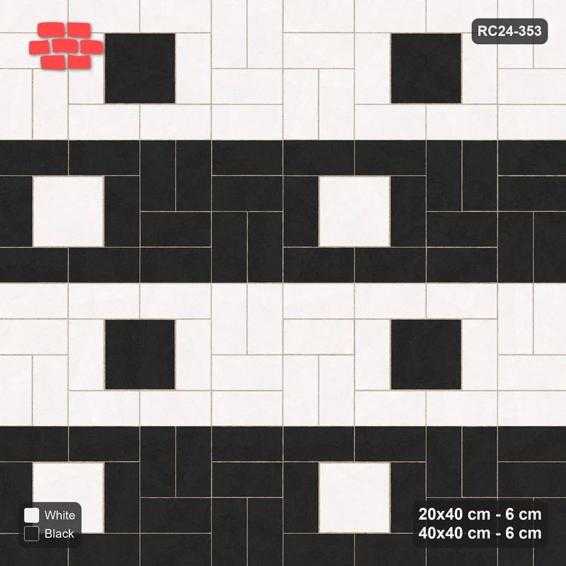 Interlock (Pasco) 20x40 cm · RC24-353 · Picture-Frame Modules with Slab Centres Alternating with Basketweave in Staggered Rows - Contrast · Top view Interlock (Pasco) 20x40 cm · RC24-353 · Picture-Frame Modules with Slab Centres Alternating with Basketweave in Staggered Rows - Contrast · Top view