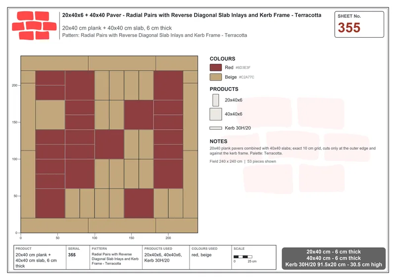 Interlock (Pasco) 20x40 cm · RC24-355 · Radial Pairs with Reverse Diagonal Slab Inlays and Kerb Frame - Terracotta · Laying plan Interlock (Pasco) 20x40 cm · RC24-355 · Radial Pairs with Reverse Diagonal Slab Inlays and Kerb Frame - Terracotta · Laying plan