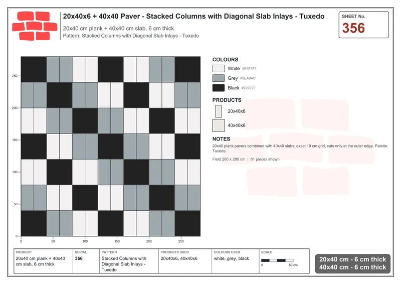 Interlock (Pasco) 20x40 cm · RC24-356 · Stacked Columns with Diagonal Slab Inlays - Tuxedo · Laying plan Interlock (Pasco) 20x40 cm · RC24-356 · Stacked Columns with Diagonal Slab Inlays - Tuxedo · Laying plan