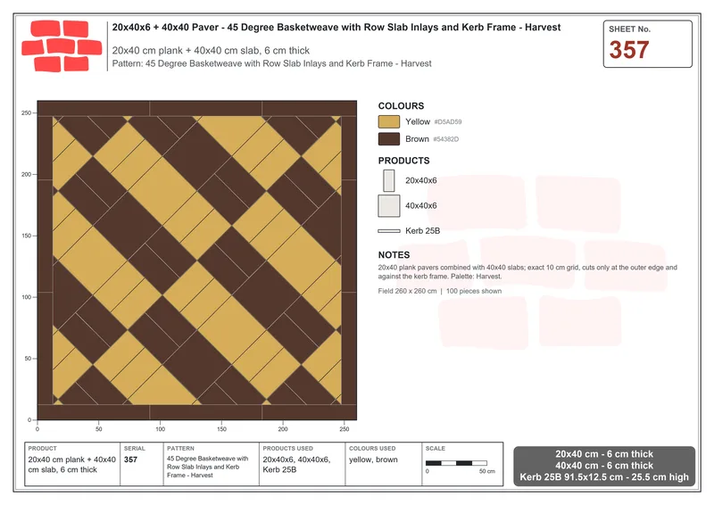 Interlock (Pasco) 20x40 cm · RC24-357 · 45 Degree Basketweave with Row Slab Inlays and Kerb Frame - Harvest · Laying plan Interlock (Pasco) 20x40 cm · RC24-357 · 45 Degree Basketweave with Row Slab Inlays and Kerb Frame - Harvest · Laying plan
