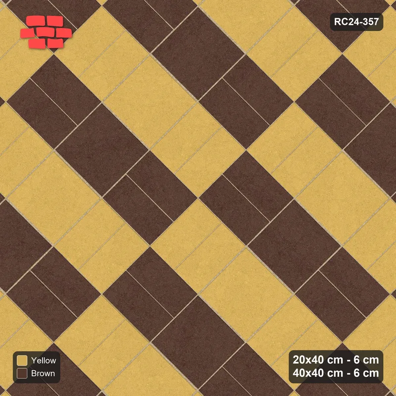 Interlock (Pasco) 20x40 cm · RC24-357 · 45 Degree Basketweave with Row Slab Inlays and Kerb Frame - Harvest · Top view Interlock (Pasco) 20x40 cm · RC24-357 · 45 Degree Basketweave with Row Slab Inlays and Kerb Frame - Harvest · Top view