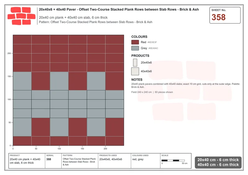 Interlock (Pasco) 20x40 cm · RC24-358 · Offset Two-Course Stacked Plank Rows between Slab Rows - Brick & Ash · Laying plan Interlock (Pasco) 20x40 cm · RC24-358 · Offset Two-Course Stacked Plank Rows between Slab Rows - Brick & Ash · Laying plan