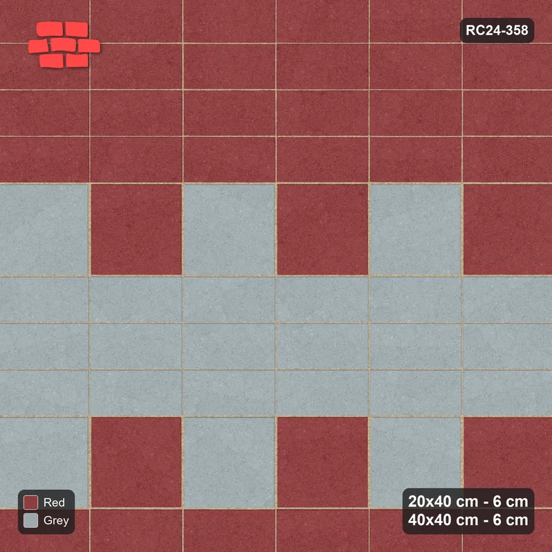 Interlock (Pasco) 20x40 cm · RC24-358 · Offset Two-Course Stacked Plank Rows between Slab Rows - Brick & Ash · Top view Interlock (Pasco) 20x40 cm · RC24-358 · Offset Two-Course Stacked Plank Rows between Slab Rows - Brick & Ash · Top view
