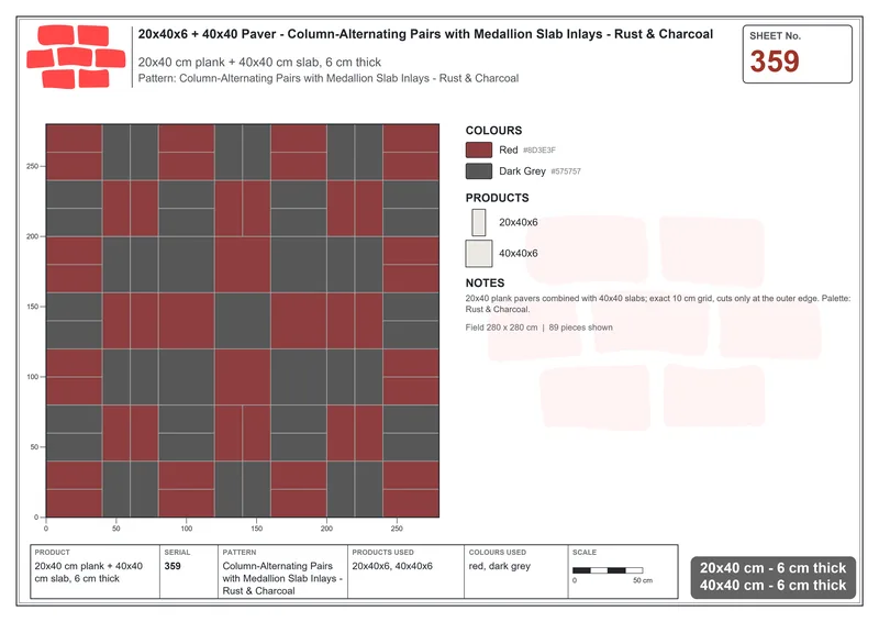 Interlock (Pasco) 20x40 cm · RC24-359 · Column-Alternating Pairs with Medallion Slab Inlays - Rust & Charcoal · Laying plan Interlock (Pasco) 20x40 cm · RC24-359 · Column-Alternating Pairs with Medallion Slab Inlays - Rust & Charcoal · Laying plan