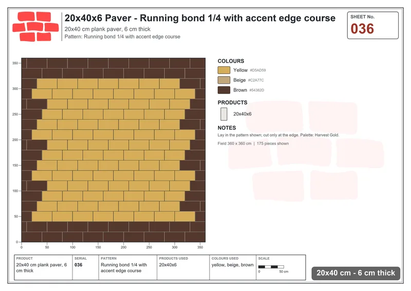 Interlock (Pasco) 20x40 cm · RC24-36 · Running bond 1/4 with accent edge course · Laying plan Interlock (Pasco) 20x40 cm · RC24-36 · Running bond 1/4 with accent edge course · Laying plan