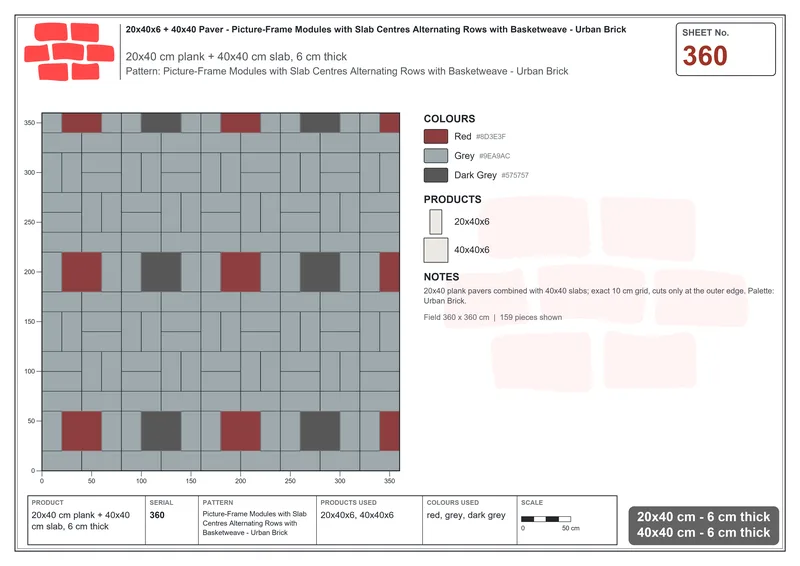 Interlock (Pasco) 20x40 cm · RC24-360 · Picture-Frame Modules with Slab Centres Alternating Rows with Basketweave - Urban Brick · Laying plan Interlock (Pasco) 20x40 cm · RC24-360 · Picture-Frame Modules with Slab Centres Alternating Rows with Basketweave - Urban Brick · Laying plan