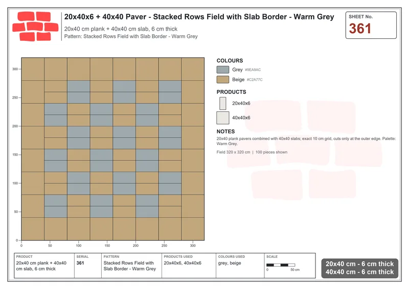 Interlock (Pasco) 20x40 cm · RC24-361 · Stacked Rows Field with Slab Border - Warm Grey · Laying plan Interlock (Pasco) 20x40 cm · RC24-361 · Stacked Rows Field with Slab Border - Warm Grey · Laying plan