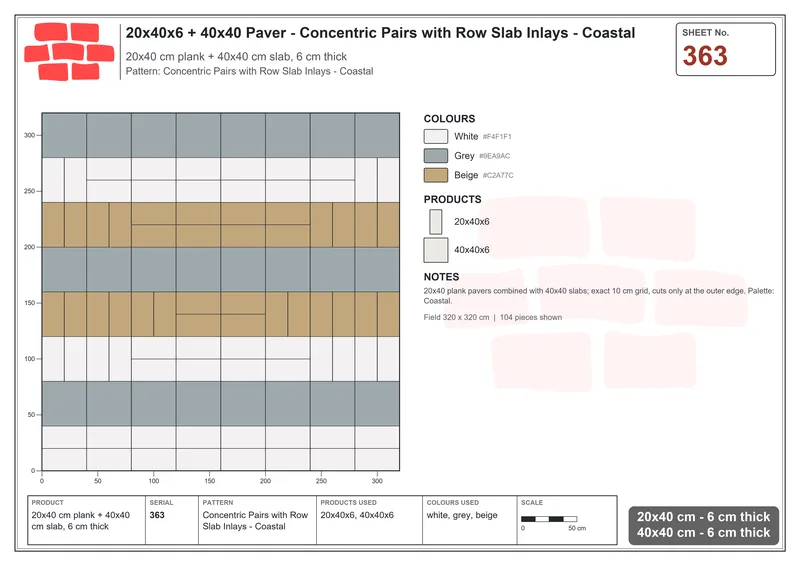 Interlock (Pasco) 20x40 cm · RC24-363 · Concentric Pairs with Row Slab Inlays - Coastal · Laying plan Interlock (Pasco) 20x40 cm · RC24-363 · Concentric Pairs with Row Slab Inlays - Coastal · Laying plan