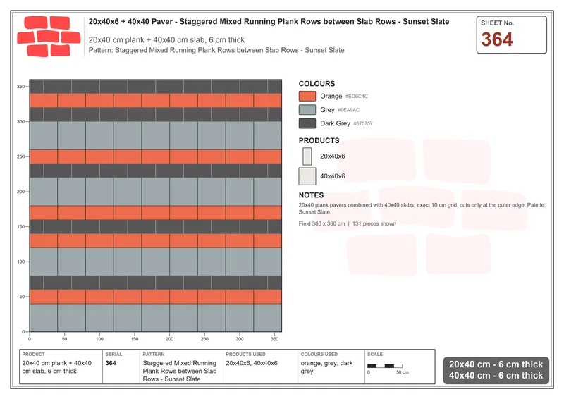 Interlock (Pasco) 20x40 cm · RC24-364 · Staggered Mixed Running Plank Rows between Slab Rows - Sunset Slate · Laying plan Interlock (Pasco) 20x40 cm · RC24-364 · Staggered Mixed Running Plank Rows between Slab Rows - Sunset Slate · Laying plan
