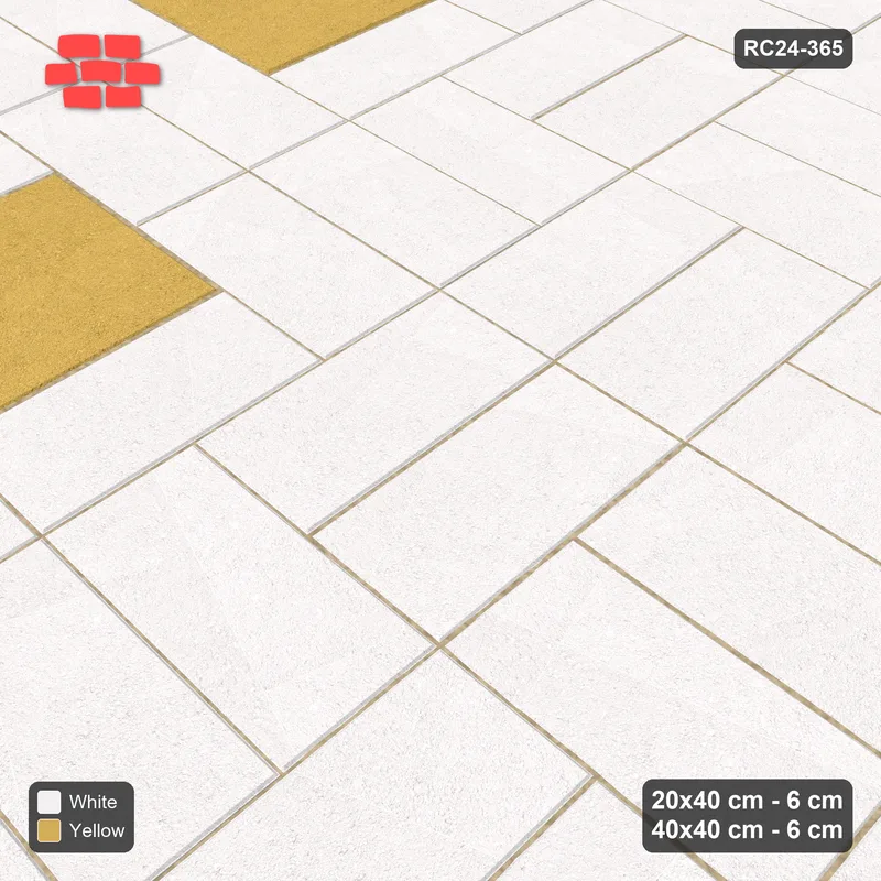 Interlock (Pasco) 20x40 cm · RC24-365 · Picture-Frame Modules with Slab Centres Alternating with Basketweave in Staggered Rows - Ivory & Ochre · Side view Interlock (Pasco) 20x40 cm · RC24-365 · Picture-Frame Modules with Slab Centres Alternating with Basketweave in Staggered Rows - Ivory & Ochre · Side view