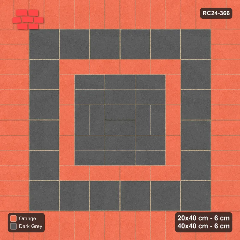 Interlock (Pasco) 20x40 cm · RC24-366 · Concentric Pairs Field with Soldier Border and Slab Border and Plank Border - Ember · Top view Interlock (Pasco) 20x40 cm · RC24-366 · Concentric Pairs Field with Soldier Border and Slab Border and Plank Border - Ember · Top view