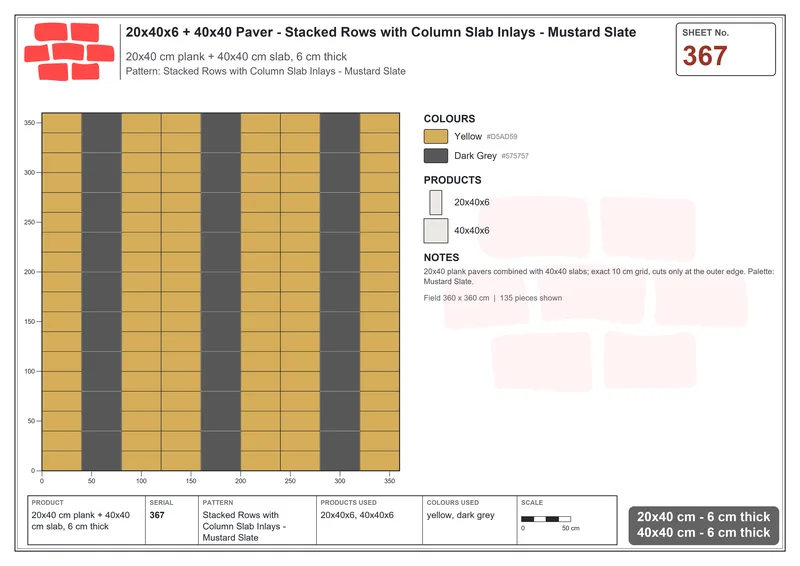 Interlock (Pasco) 20x40 cm · RC24-367 · Stacked Rows with Column Slab Inlays - Mustard Slate · Laying plan Interlock (Pasco) 20x40 cm · RC24-367 · Stacked Rows with Column Slab Inlays - Mustard Slate · Laying plan