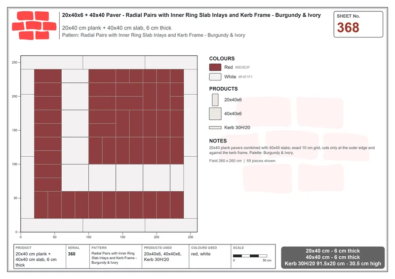 Interlock (Pasco) 20x40 cm · RC24-368 · Radial Pairs with Inner Ring Slab Inlays and Kerb Frame - Burgundy & Ivory · Laying plan Interlock (Pasco) 20x40 cm · RC24-368 · Radial Pairs with Inner Ring Slab Inlays and Kerb Frame - Burgundy & Ivory · Laying plan