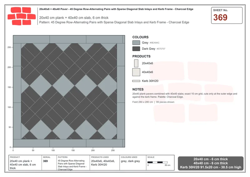 Interlock (Pasco) 20x40 cm · RC24-369 · 45 Degree Row-Alternating Pairs with Sparse Diagonal Slab Inlays and Kerb Frame - Charcoal Edge · Laying plan Interlock (Pasco) 20x40 cm · RC24-369 · 45 Degree Row-Alternating Pairs with Sparse Diagonal Slab Inlays and Kerb Frame - Charcoal Edge · Laying plan