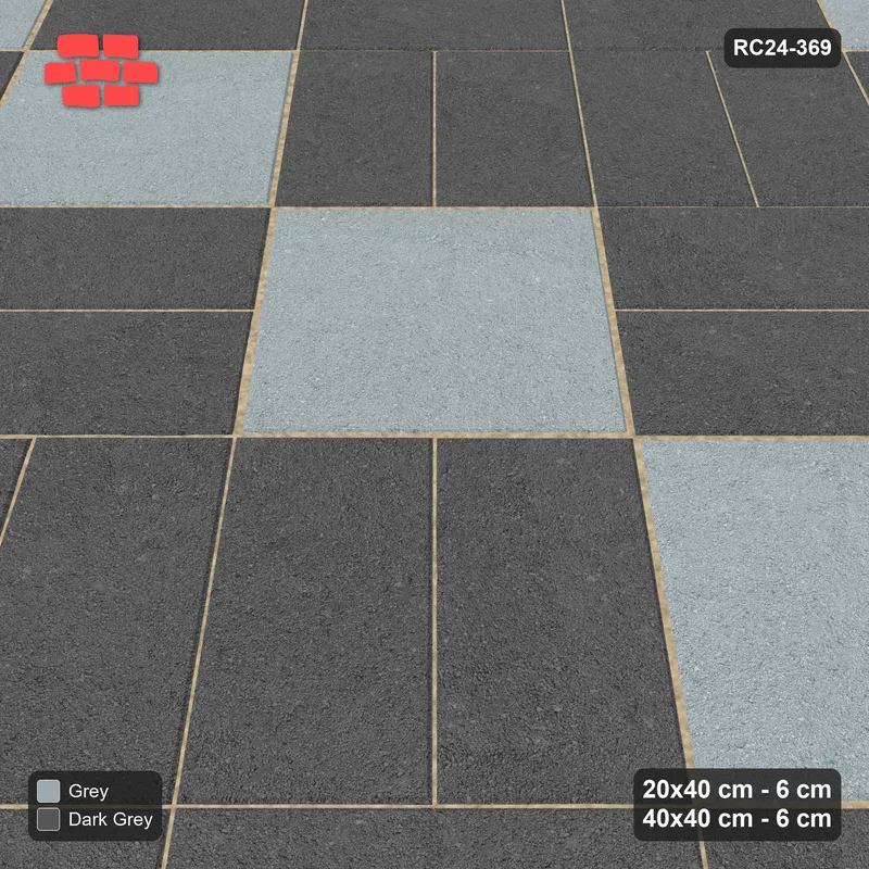 Interlock (Pasco) 20x40 cm · RC24-369 · 45 Degree Row-Alternating Pairs with Sparse Diagonal Slab Inlays and Kerb Frame - Charcoal Edge · Side view Interlock (Pasco) 20x40 cm · RC24-369 · 45 Degree Row-Alternating Pairs with Sparse Diagonal Slab Inlays and Kerb Frame - Charcoal Edge · Side view